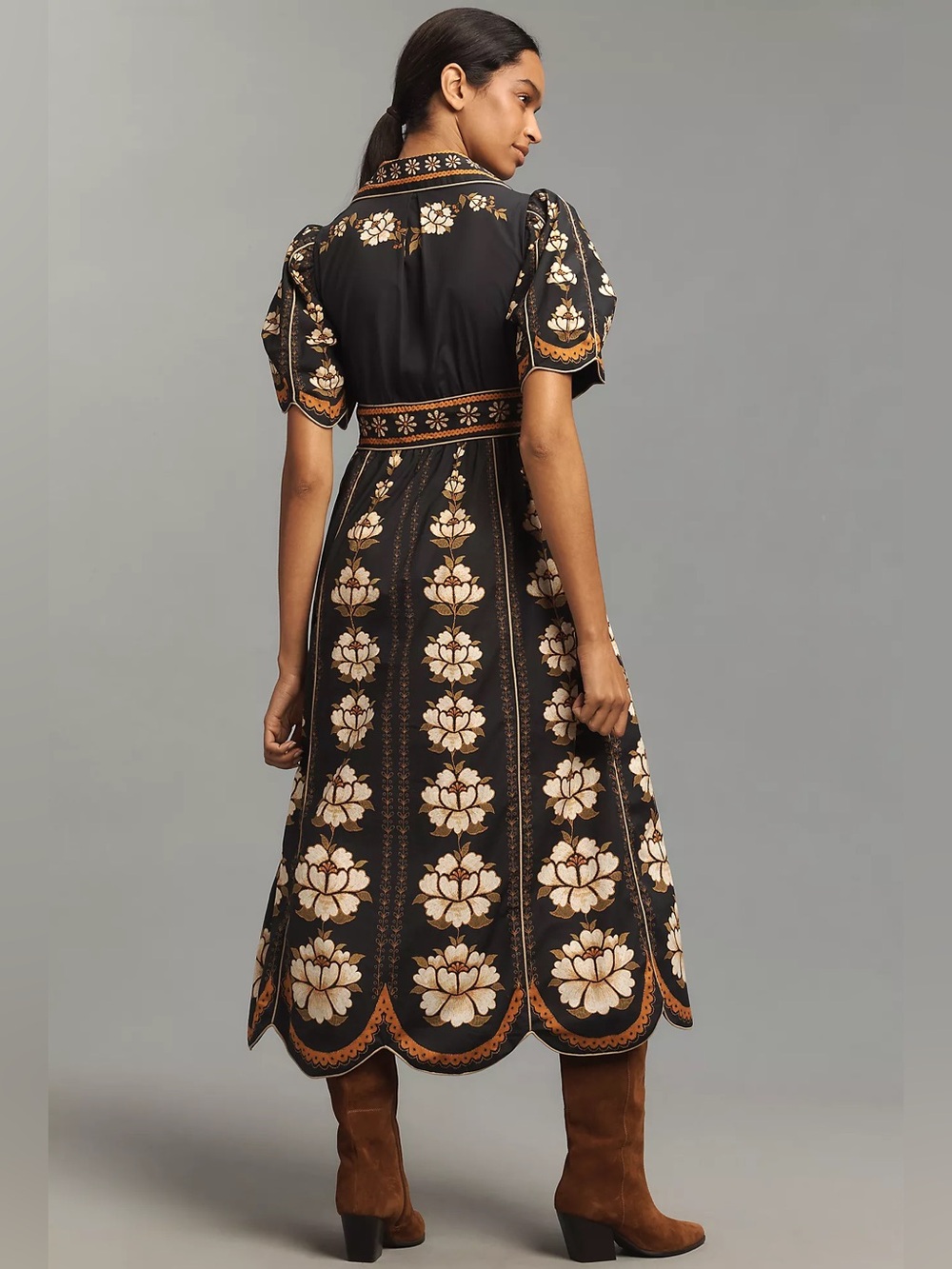 NWT Farm Rio Embroidered Floral Lotus Midi Dress Folk Scallop Trim Pockets M L - Picture 2 of 4